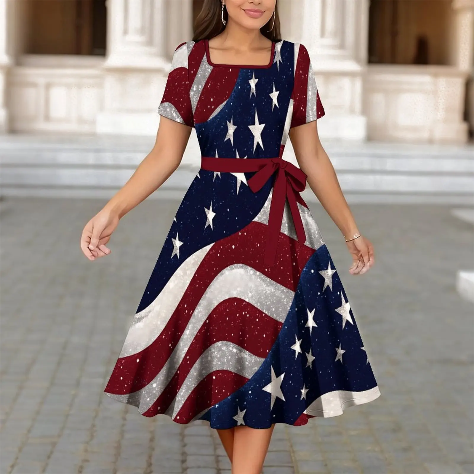 Spring Summer Women's Square Collar Printed Slim Short-sleeved Dress Commuting Beach Vacation Elegant Knee Length Party Skirt