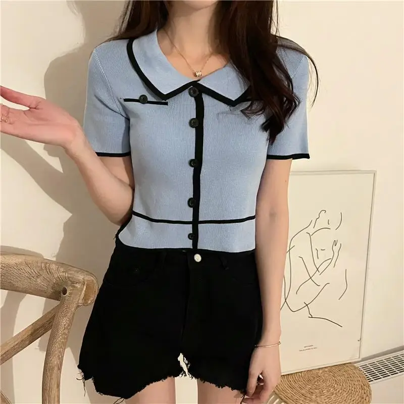 2023 Summer Han Reducing Age Outer Wear Cardigan Striped Contrast Short Sleeve Polo Neck Short Top Knitted Cardigan Crop Top