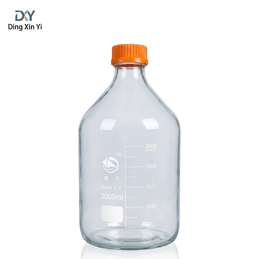 3000ml Lab Glass Reagent Media Bottle Clear with GL45 Yellow Screw Cap Autoclavable
