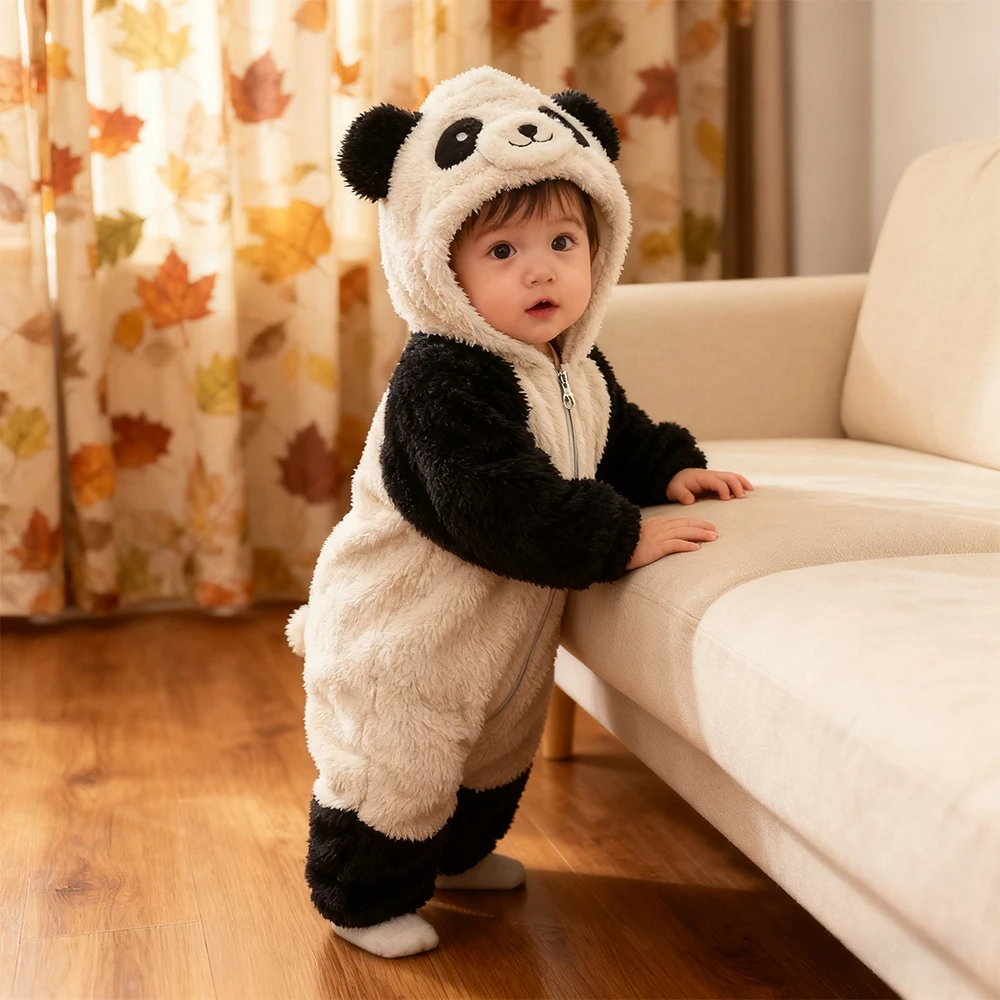 

Newborn Boys Girls Autumn Winter Romper Baby Girl Clothes Keep Warm Fleece Homewear Kids Hooded Jumpsuits Cute Panda Pajamas