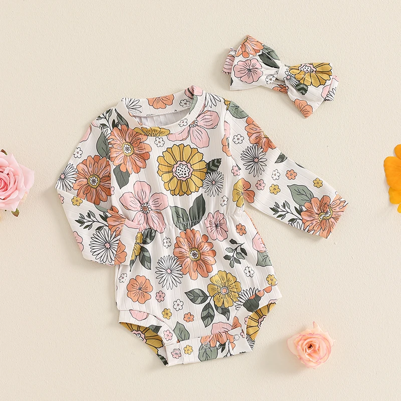 Baby Clothing Girl Floral Print Long Sleeve Ribbed Romper Bodysuit Headband Newborn Fall Winter Clothes