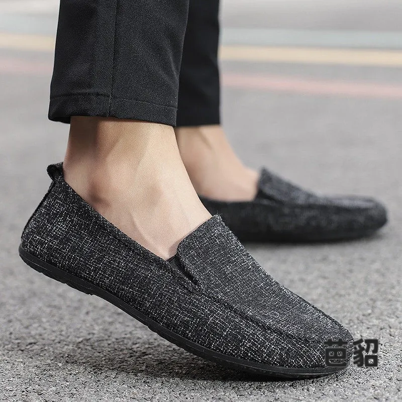 Men's Summer Breathable Linen Canvas Slip-On Shoes Simple Design Anti-Odor Flat Heel round Toe Rubber Outsole Low Cut Sneakers
