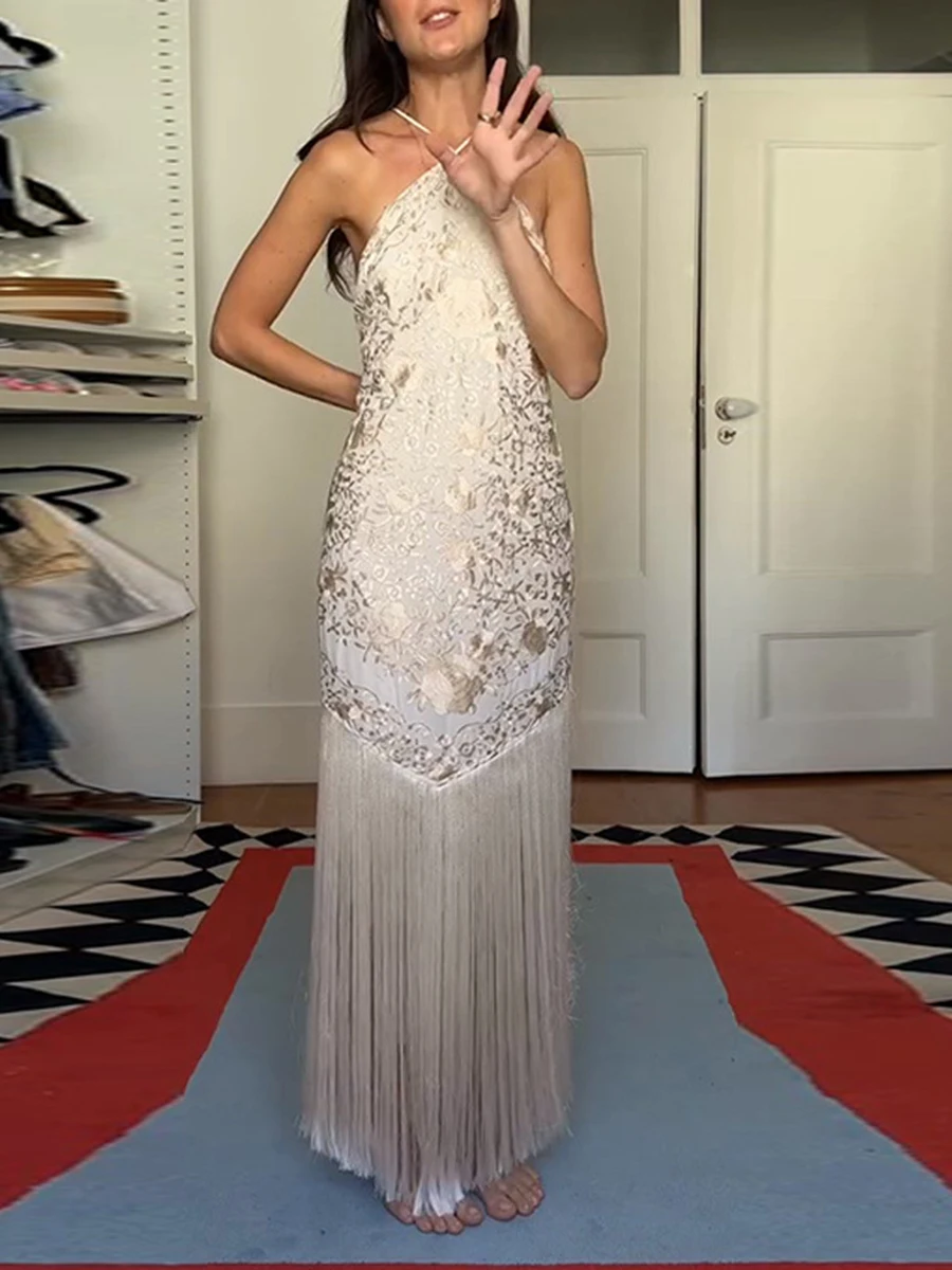 TWOTWINSTYLE Abiti con stampa floreale retrò francese per le donne Abito longuette con scollo all'americana senza maniche a vita alta con nappa impiombata