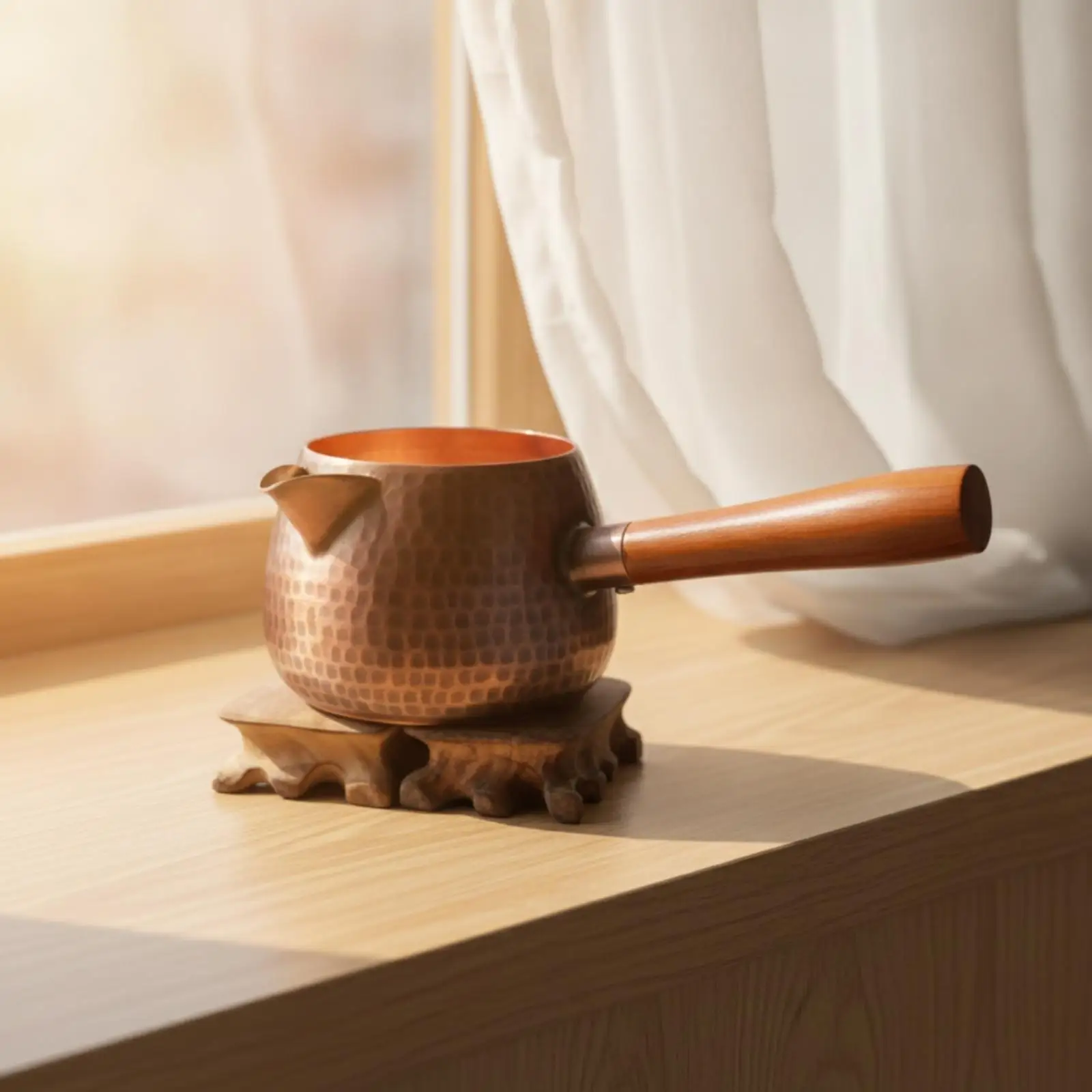 Hammered Copper Tea Decanter Pouring Vessel with Flared Spout and Heat Resistant Wooden Side Grip