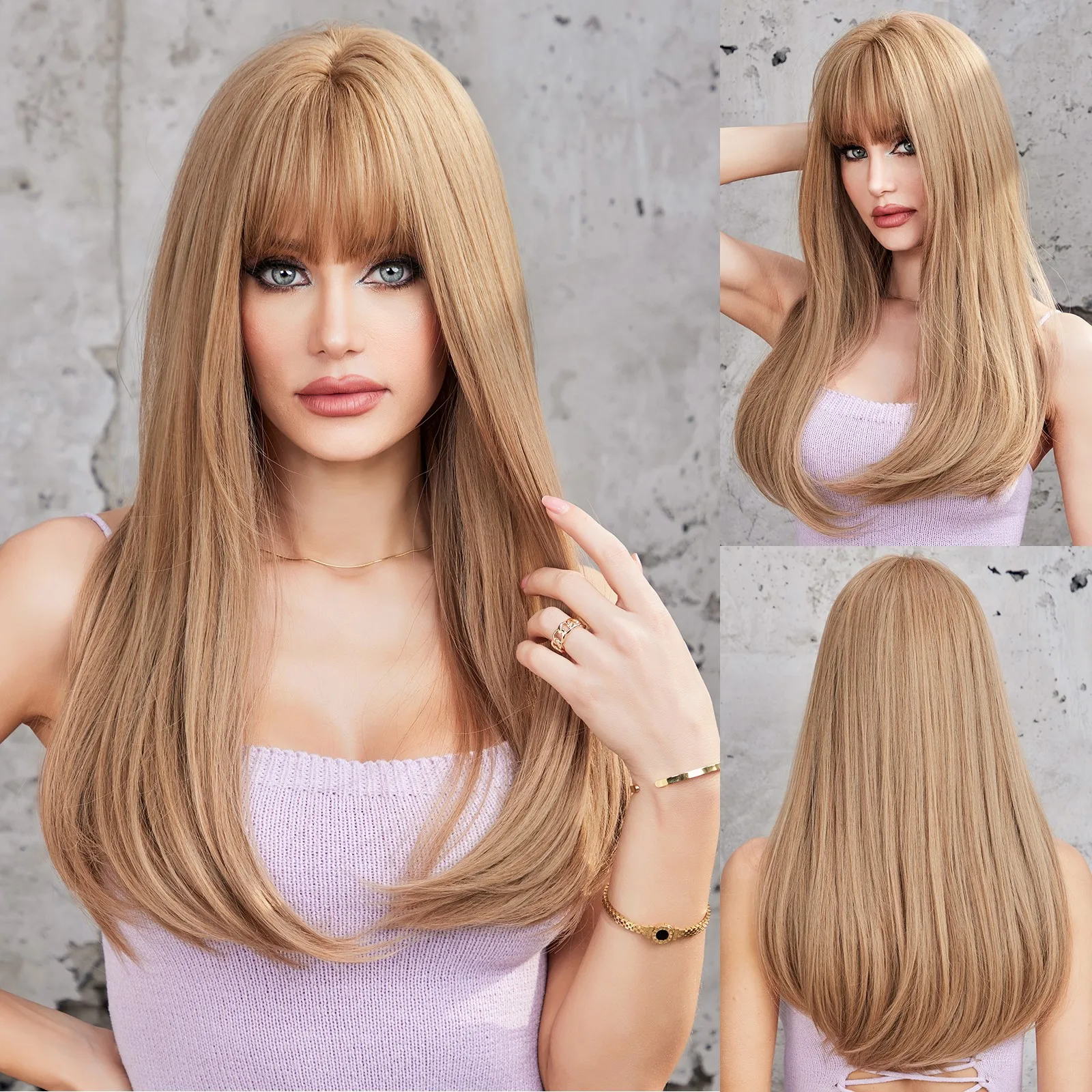 HAIRCUBE Long Straight Blonde Smooth Synthetic Wigs With Bangs for Women Daily Wedding Wigs Heat Resistant Natural Hair Wigs