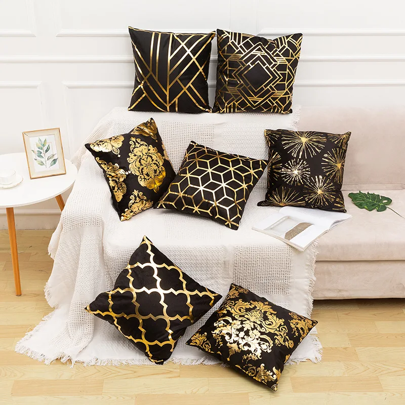 Cozy Golden Leaf Bronzing Printed Throw Pillow Covers for Living Room, Bed, and Sofa -18x18 Inch Square Pillow Cases - Home Deco