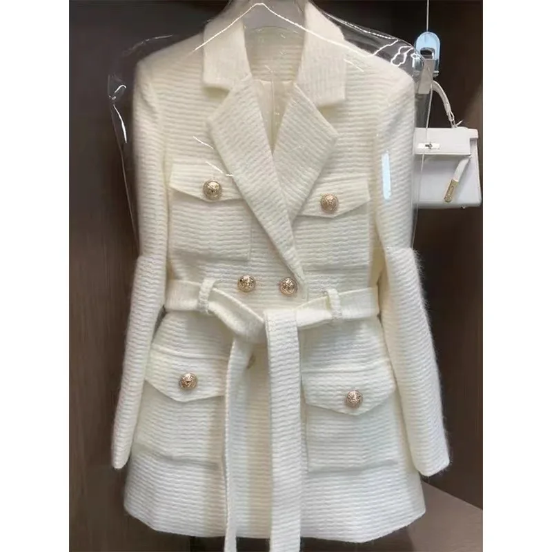 Giacca da abito in lana retrò donna 2024 autunno inverno nuovo cappotto Slim Blazer doppiopetto Joker femminile lungo elegante capispalla di lusso