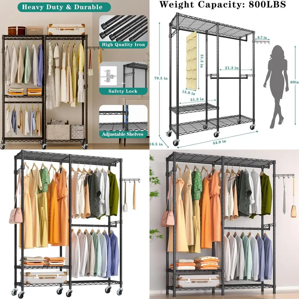 Sturdy 3-Tier Metal Adjustable Clothes Rack with 2 Hanging Bars, 800lbs Capacity, Black