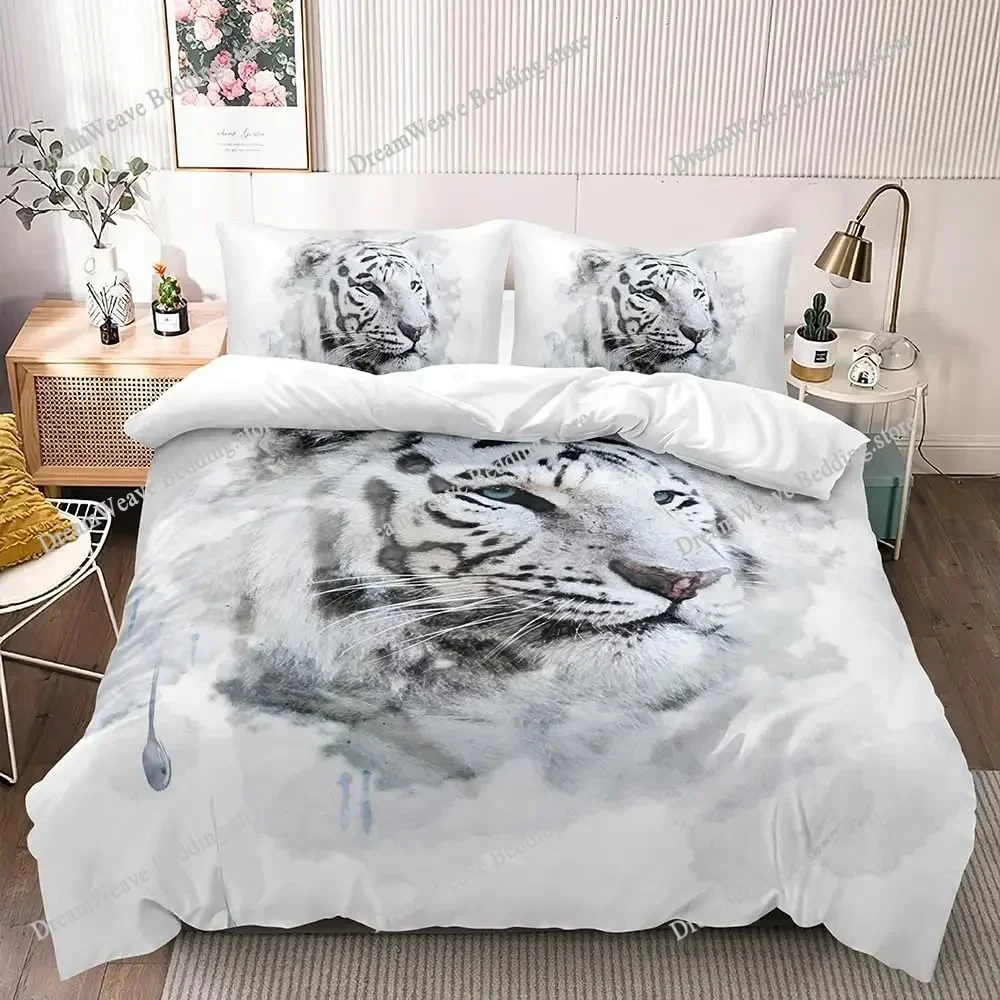 White Tiger Duvet Cover Set Queen Size Wildlife Comforter Covers Animal Print Bedding Set for Boys Girls Kids Art Bedroom Decor5