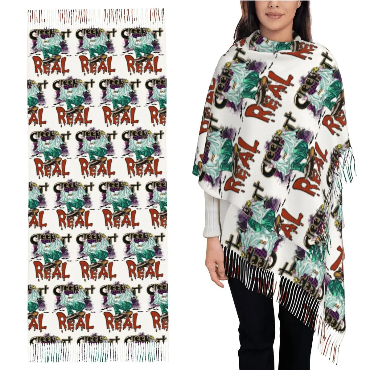 

Creep It Real Ghost On Skateboard Хэллоуин Дизайн Шарф Шарфы с кисточками Женские теплые шали и накидки Большая осенне-зимняя шаль