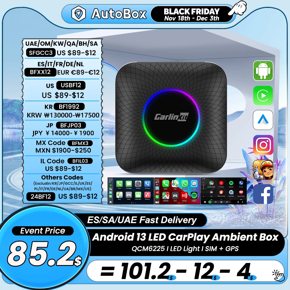 Carlinkit Tv Box Android 13 LED  Ambient CarPlay Android Auto Wireless Adapter Support Streaming Tmap Naver AfreecaTV Hulu HBO