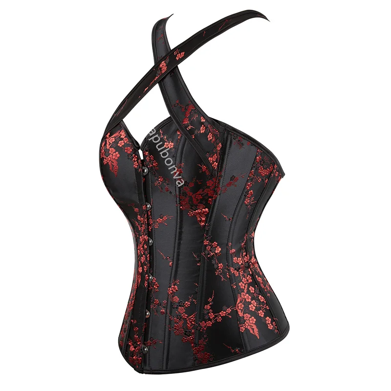 Corset Top Bustier Halter Strap Plus Size Embroidery Flower Lace UP Overbust Burlesque Costume Sexy Lingerie Women Red Black