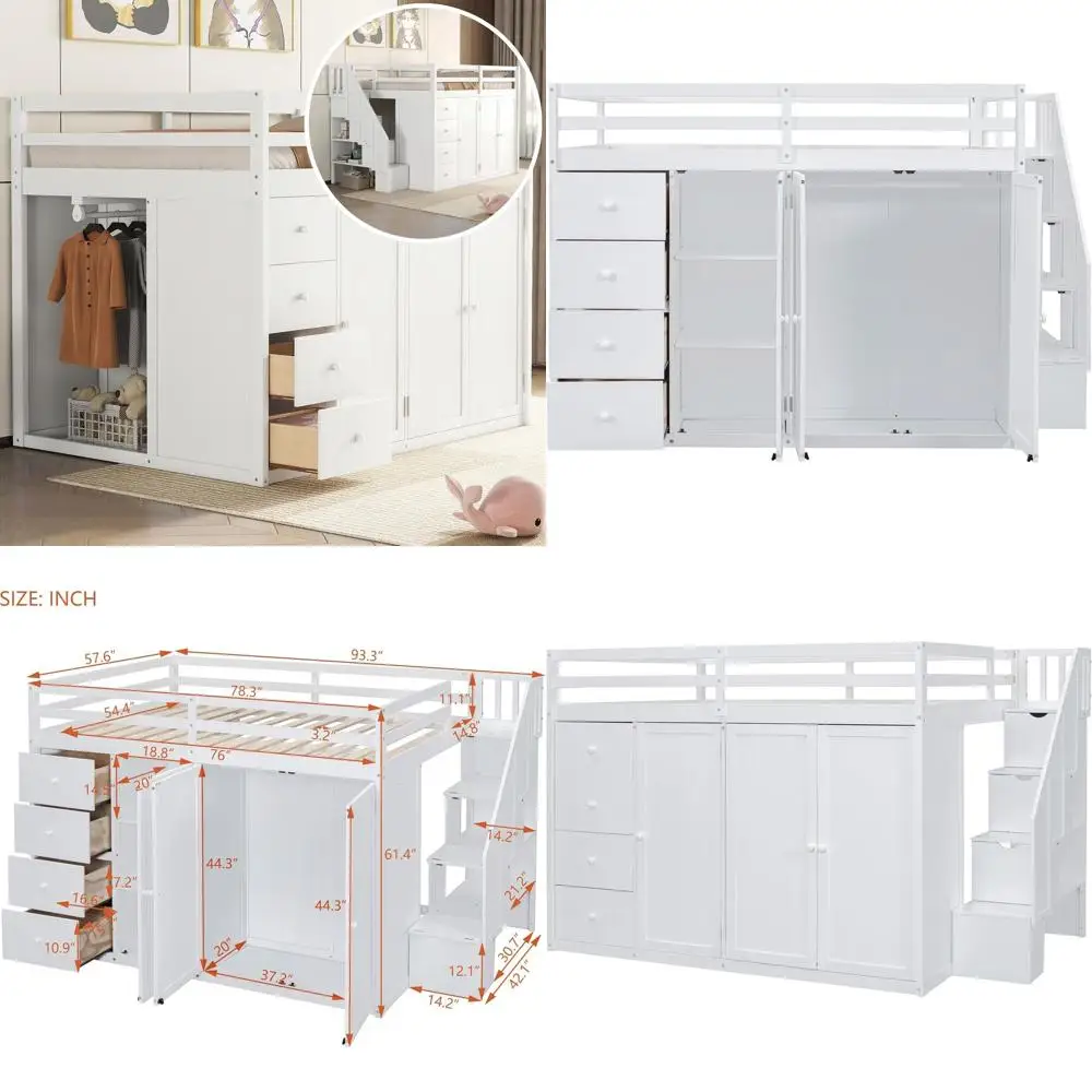 

White Loft Bed with Stairs and Storage, Wooden Full-Size Bed for Kids, Teens, and Adults