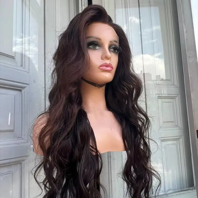Мягкий коричневый объемный волнистый длинный парик 180 Плотность 26 дюймов Глубокий парик фронта шнурка для чернокожих женщин с волосами ребенка Предварительно выщипанные натуральные волосы на каждый день