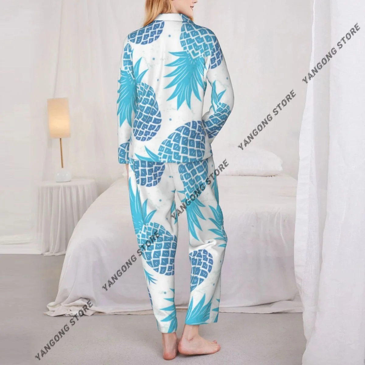 طقم بيجامات نسائية كلاسيكية على شكل أناناس مكون من قطعتين ملابس نوم بأزرار سفلية وأكمام طويلة #5