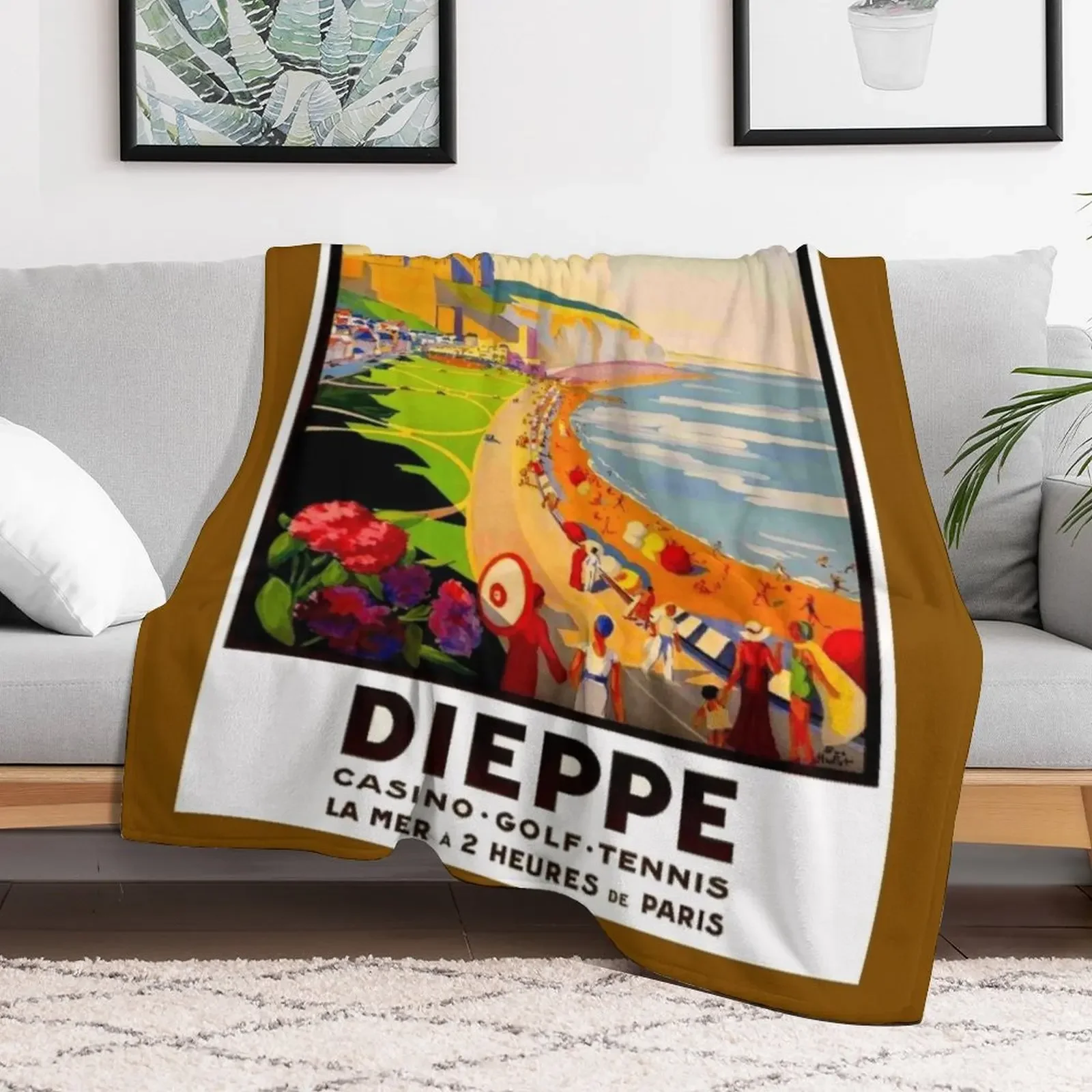 DIEPPE FRANCE : Vintage 1930 Resort Beach Scene Advertising Print Throw Blanket Soft Beds Baby Blankets