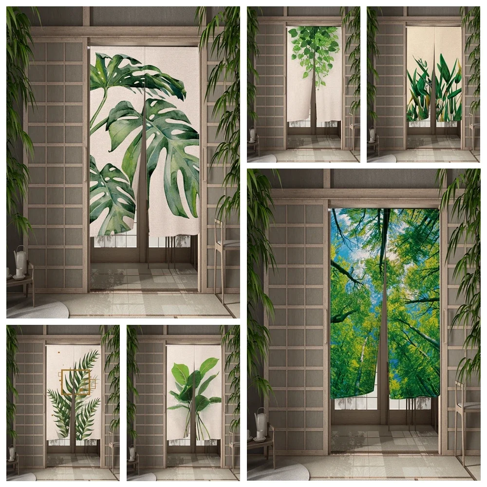 

Green Leaf Door Curtain Japanese Partition Botanical Hanging Curtain Kitchen Bedroom Noren Cortinas Entrance Doorway Decorative