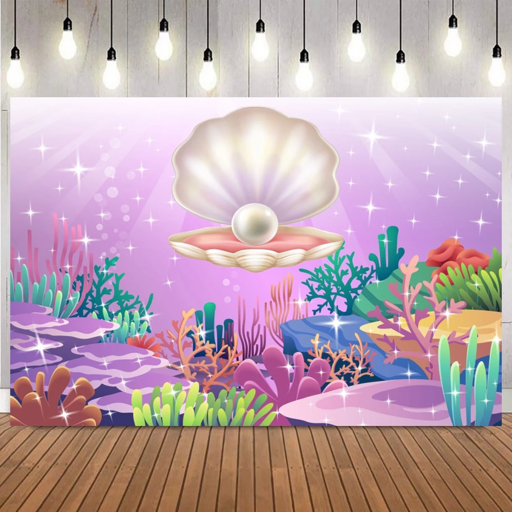 Meerjungfrau-Hintergrund für Fotografie, Mädchen, Prinzessin, Geburtstag, Party, Meerjungfrauenschwanz, Meeresboden, Muschel, Babyparty, Fotohintergrund, Dekor-Requisiten