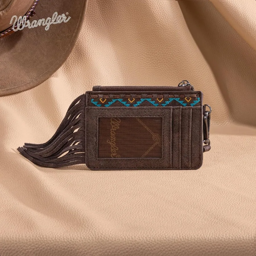 X Wrangler Small Card Wallet Women Fringe Small Wallet with Wristlet Strap RFID Slim Card Holder Ladies Wallet with ID Window