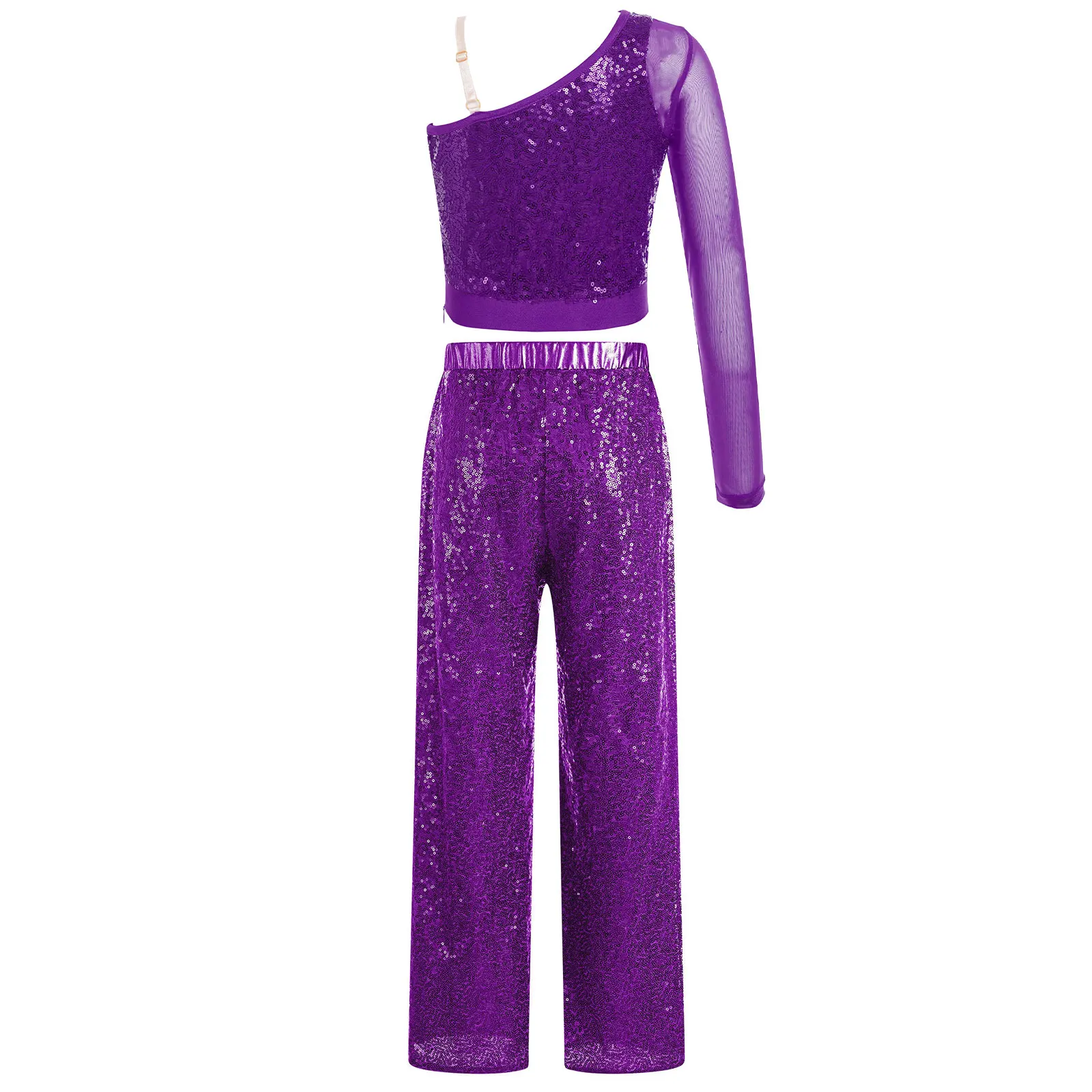 Shiny Sequins Mesh Crop Top e calças de perna larga das meninas, Street Dance Outfits, Jazz Dance Set, Performance Dancewear, Crianças, Meninas