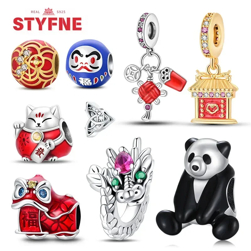 

925 Sterling Silver Original Chinese Dargon Fortune Cat Charms Beads For Original Bracelets DIY Fine Jewelry Gifts for Women