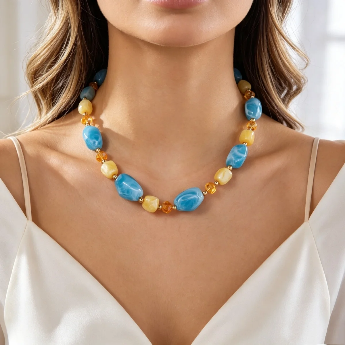 Französische Retro-Halskette mit sanften, farbenfrohen Kristallharzperlen für Damen und Herren, Hippie-Stil, unregelmäßige Perlen, Choker, Reiseschmuck – Detail 7