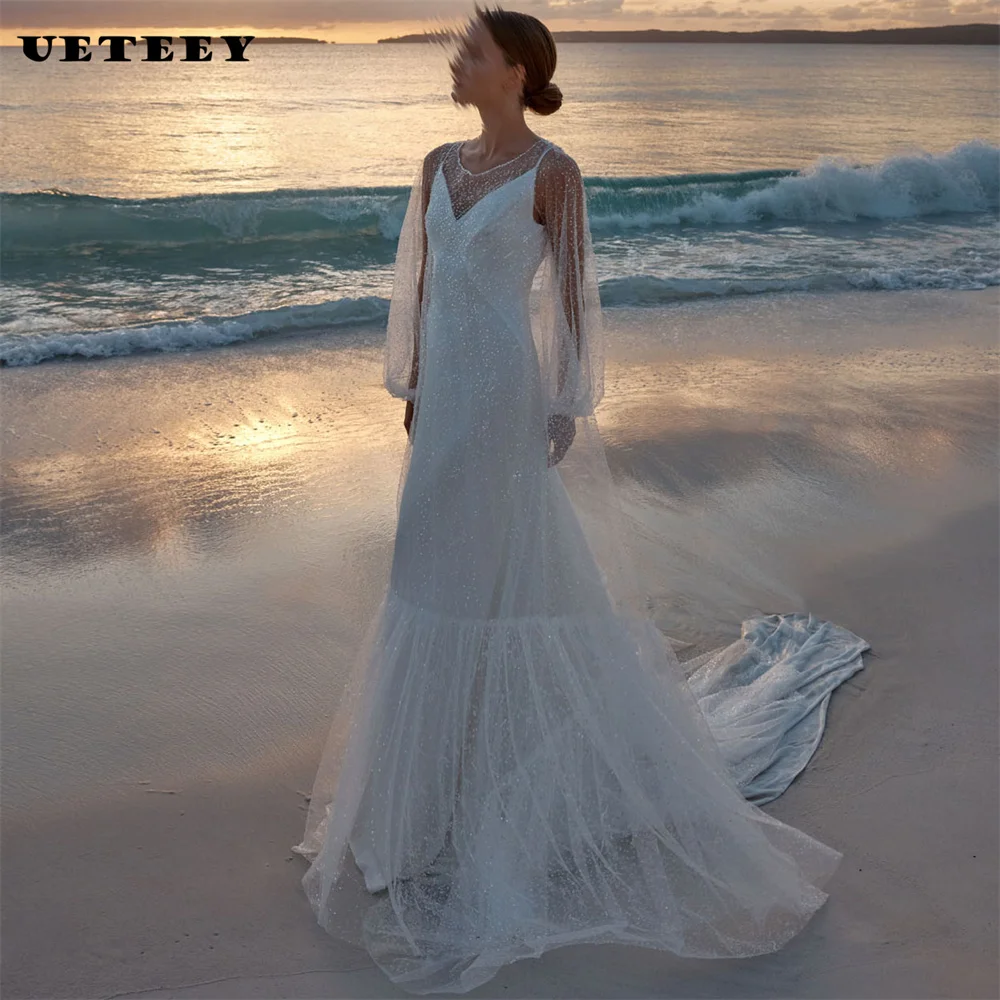 UETEEY Customized 2 Pieces Shiny Tulle Coat V Neck Crepe Mermaid Wedding Dress Beach Open Back Floor Court Train Bridal Gown