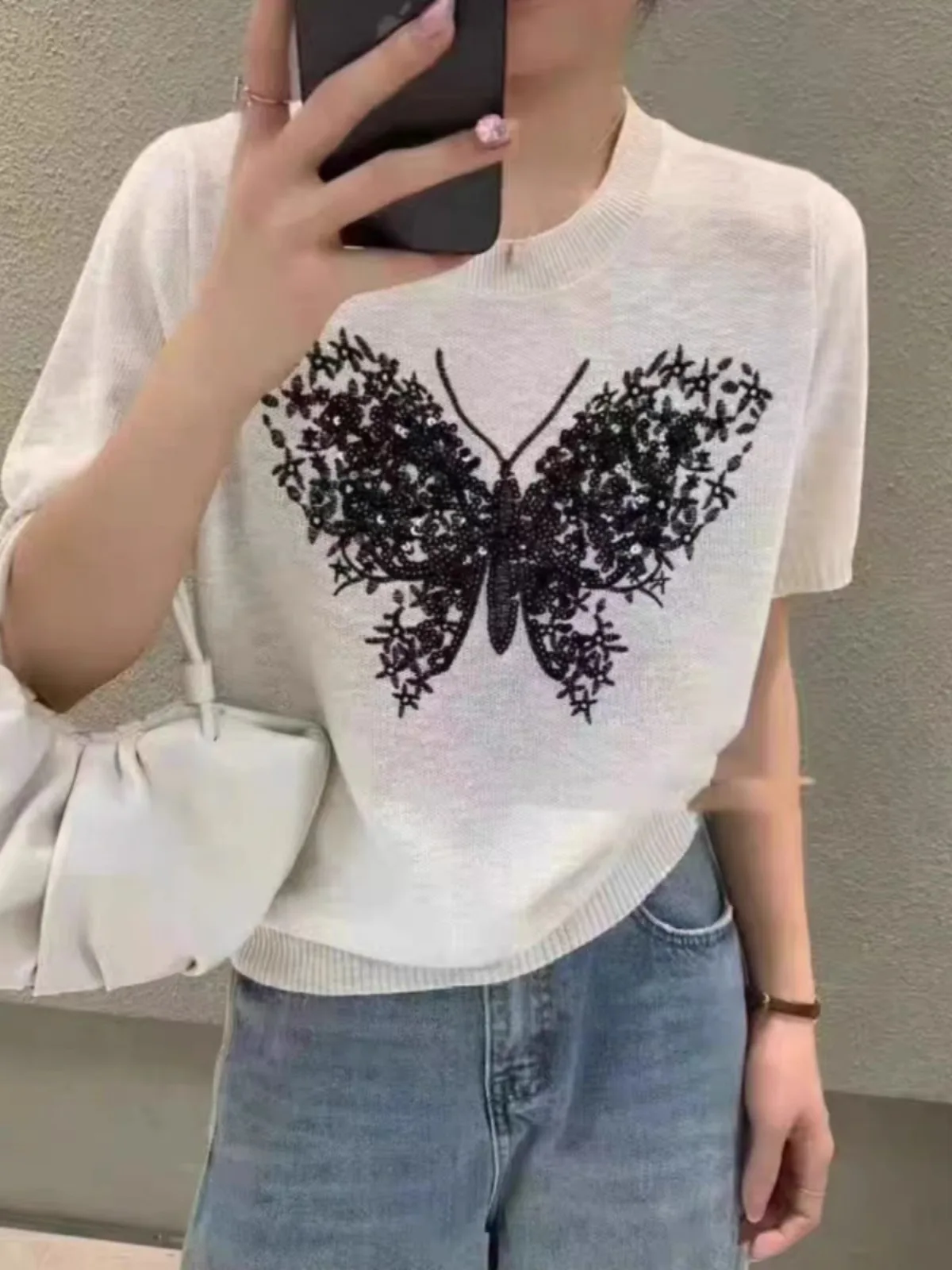 French heavy sequin butterfly knit ice silk short sleeve women's summer round neck shoulder loose T-shirt thin top