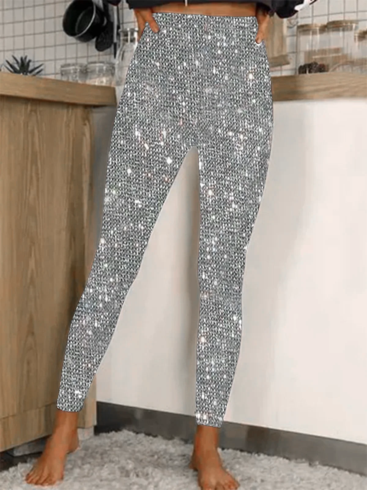 Legging modis dan elegan, legging dengan payet elastis tugas berat untuk pakaian luar kasual