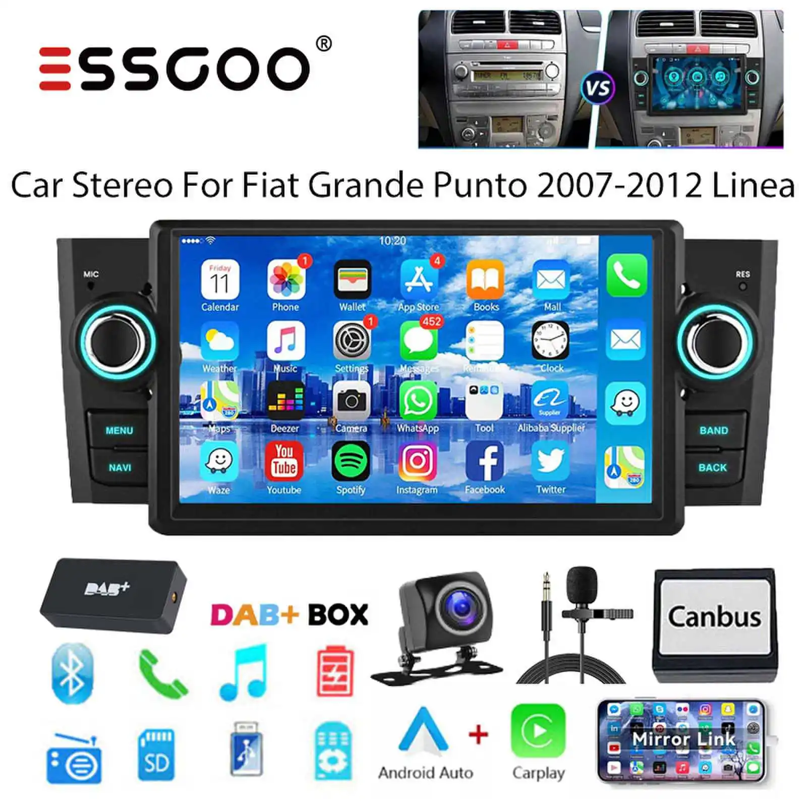ESSGOO 2+64G Autoradio für Fiat Grande Punto (2007-2012) und Linea mit Wireless CarPlay, Android