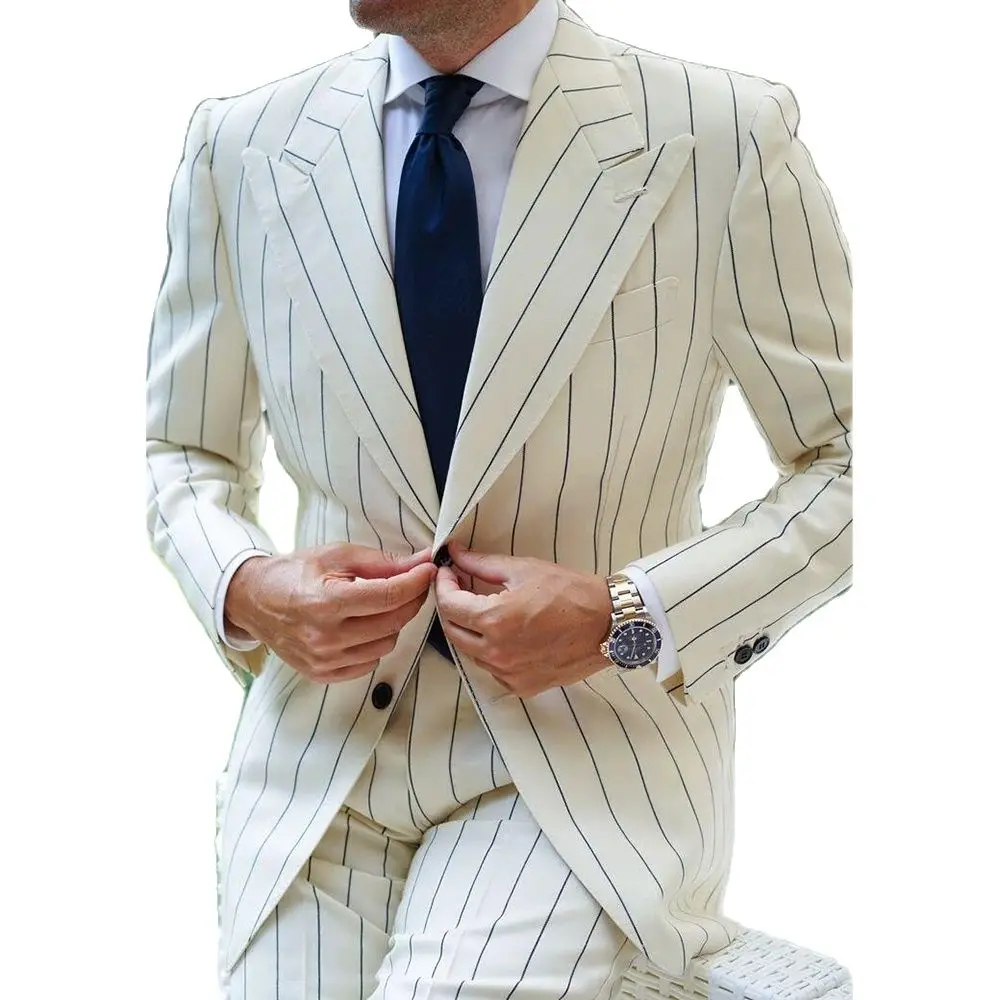 

White Stripes Single Breasted Men Suit Two Pieces(Jacket+Pants) Lapel Outfits Casual Party Prom Wedding Set