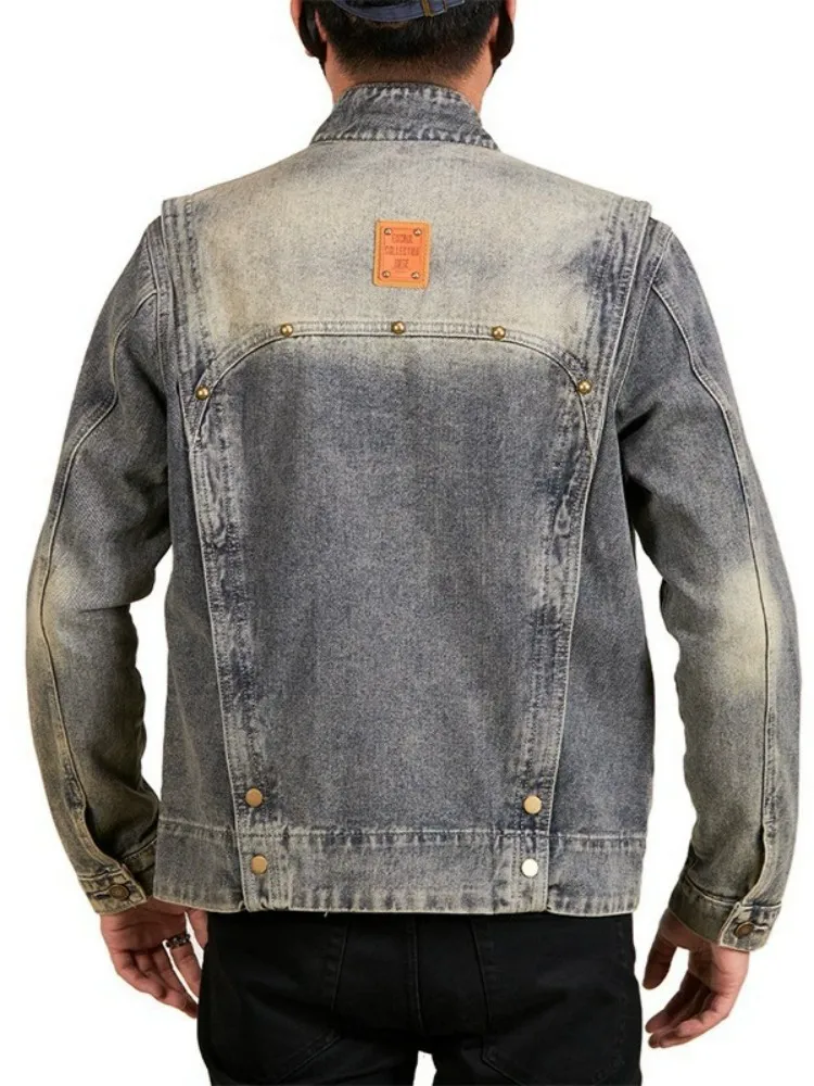 American Retro Men Denim Jacket Gradient Color Workwear Top Stand Collar Zipper Fashion Personality Jackets Hot Sale Autumn Coat
