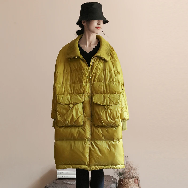 

Anti-Aging Tee-Button Du down Jaet Women's Mid-Length Korean Sle Large Size Outerwear Teaded Collar Commute Sle