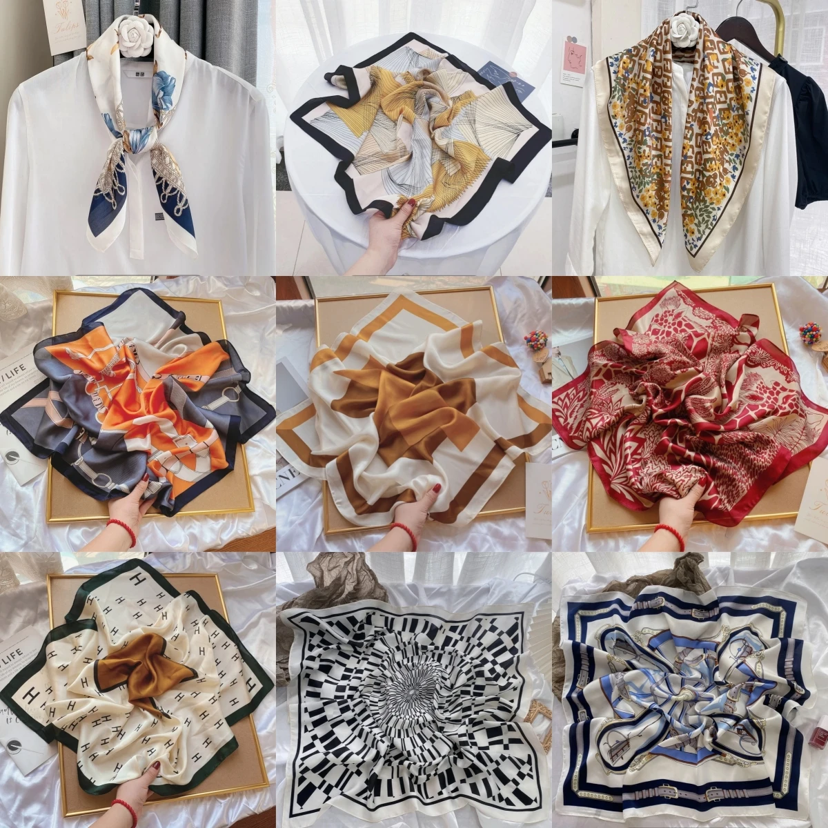Fashionable Vintage Print Square Scarf for Women Stylish Shirt Collar Necktie Versatile Hairband And Scarf Combo High-End Feel