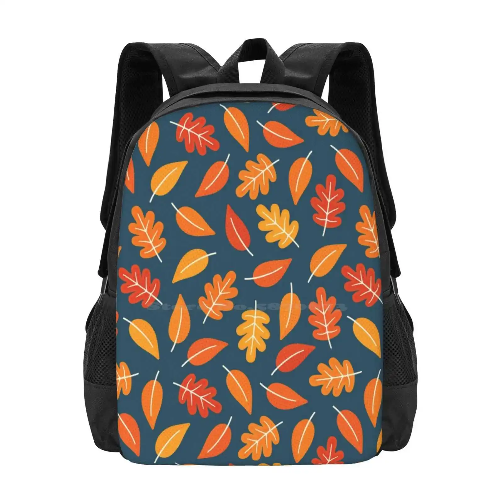 Retro Autumn Leaves On Indigo Blue New Arrivals Unisex Bags Student Bag Backpack Autumn Leaves Falling Harvest Festival Orange