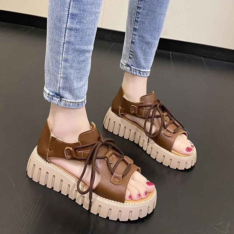 Schoenen Dames 2024 Nieuwe Veters Damessandalen Zomer Rome Open Teen Effen Platform Casual Comfortabele Sandalen Zapatos Mujer