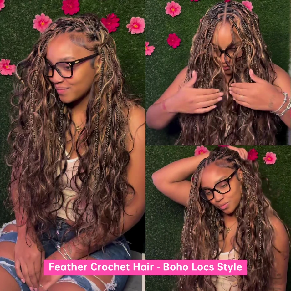 Miracle Knots Feather Crochet Hair Highlight Colored Deep Wave 100% Human Hair Pre Looped Pre-braided Feathered Crochet Invisible Knots Raw Vietnamese Human Hair Natural Deep Curly Bundles Locs Boho Braids Free Shipping view 7