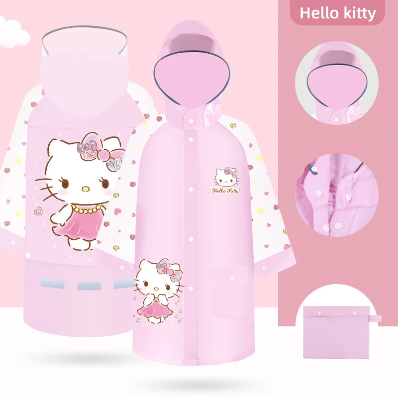 MINISO Hello kitty Waterproof Raincoat for Children Cartoon Kuromi Child Rain Cover Hooded Kawaii Printing Rain Poncho Kids Gift