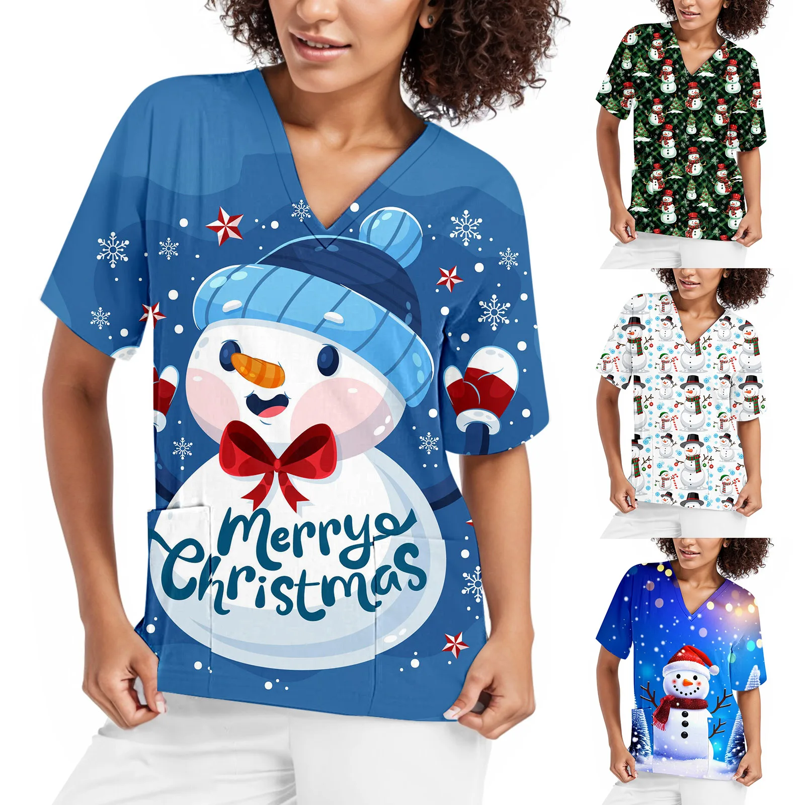 Pupazzo di neve natale Pet Grooming Staff tuta Scrub Top donna manica corta uniforme scollo a V medico tuta tasca camicia infermieristica