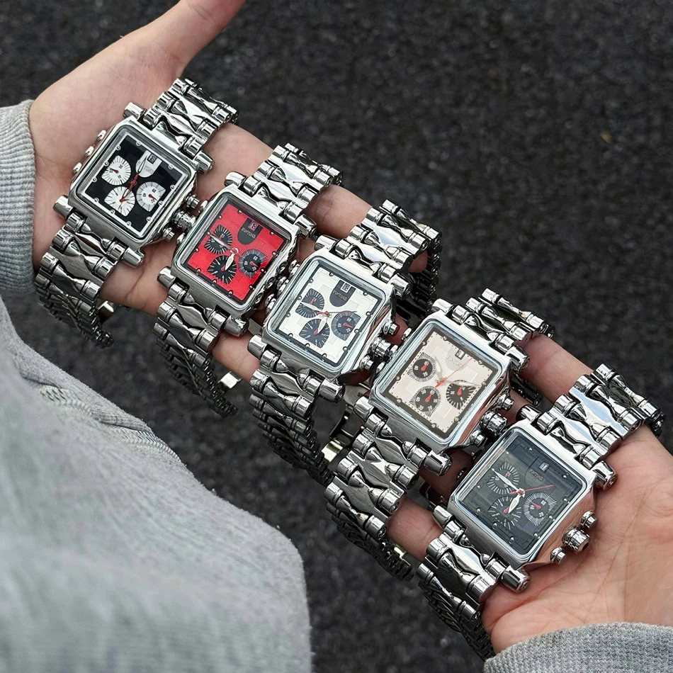 Новые квадратные кварцевые часы с большим циферблатом, водонепроницаемые, со светящимися стрелками, хронограф, спортивные модные мужские наручные часы