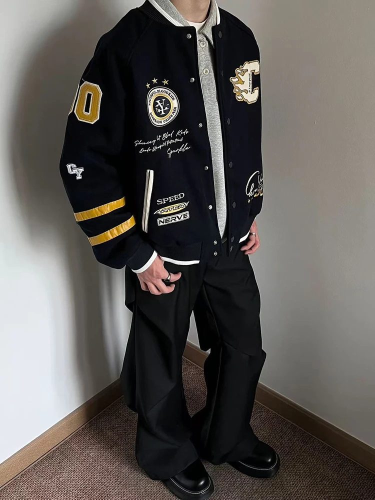 

Мужская бейсбольная куртка в американском стиле, свободного кроя, с воротником-стойкой, в стиле ретро, для уличной моды, из полиэстера, с длинными рукавами