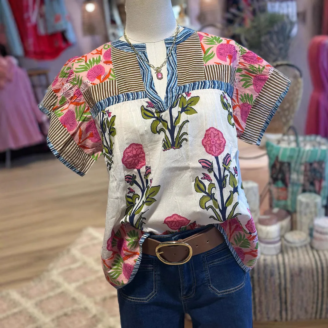 

Casual Flower Print Splicing T-shirt Fashion V-neck Short Sleeved Loose Pullover Elegant Pastoral Style Women's Clothing