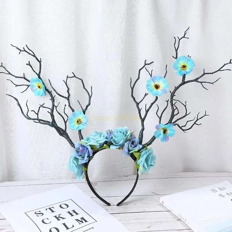 

31BF Floral Crown Deer Antlers Headband Tree Flower Garland Photo Props