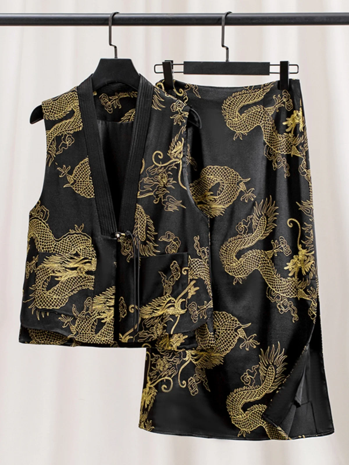 

Ele Bla Embroidered Dragon Year Acetate Satin Vest Set Lightweight Chinese Sle Women's Faion Spring Summer Outfit