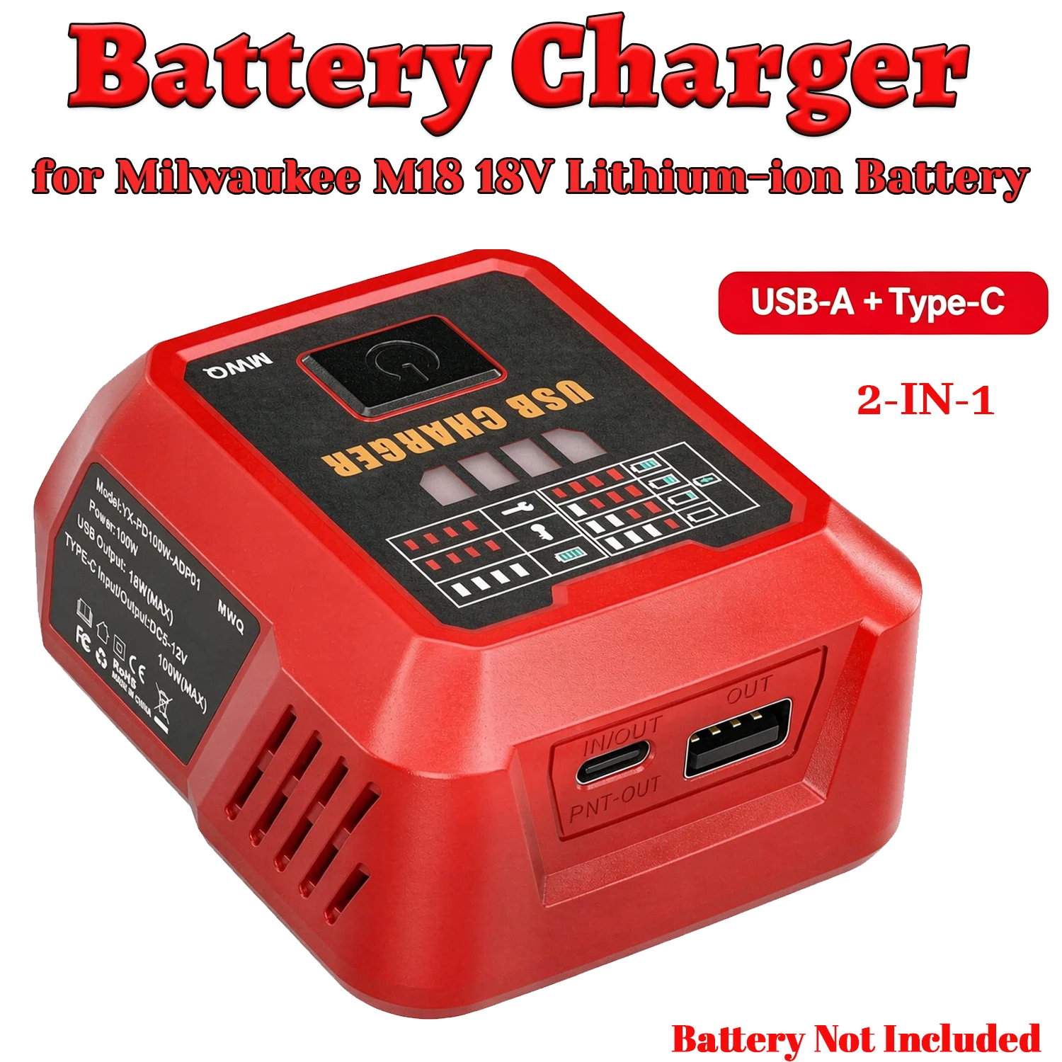 100W USB Battery Charger For Milwaukee M18 18V Battery, USB-C PD & USB-A Fast Charging Station with Display, Tool Only