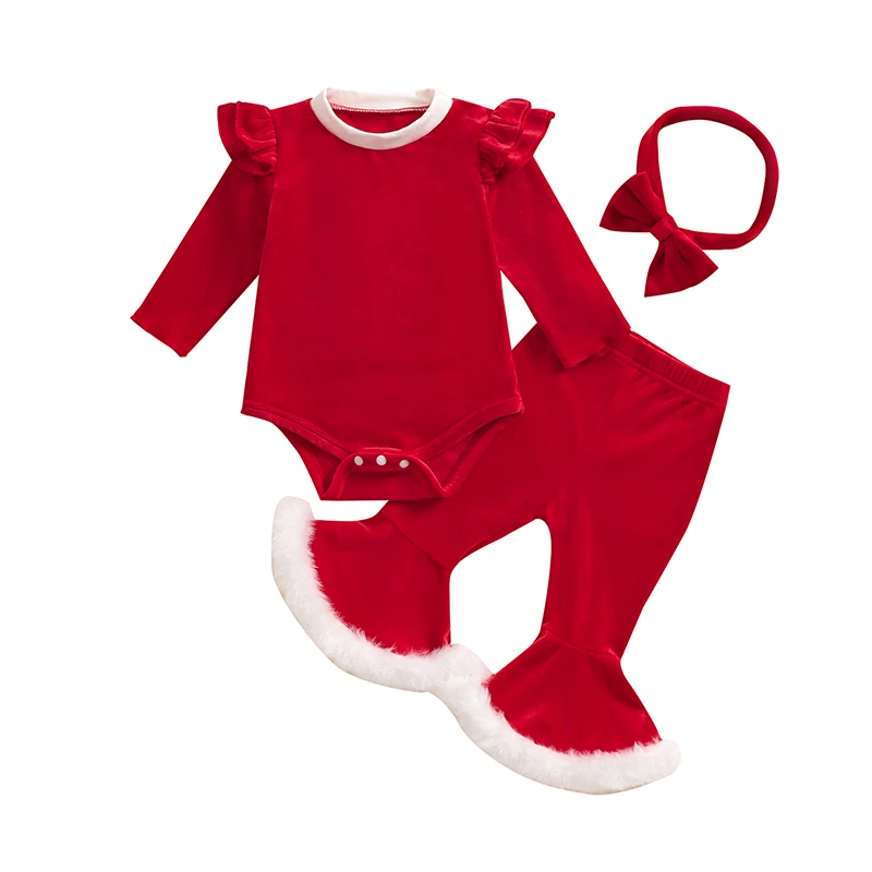 

Infant Girls Winter Holiday Ensemble Velvet Jumpsuit with Bell Bottoms and Matching Headband Set Baby Apparel