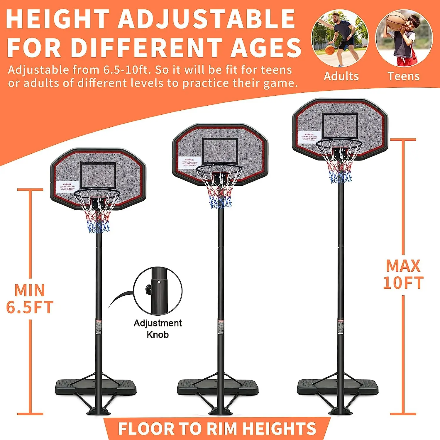 Kids Basketball Stand Outdoor 6.5-10 ft Adjustable Portable Backyard Basketball Stand Weatherproof PE Fillable Base