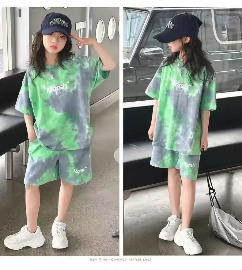 

2025 Korean Summer 2pcs green Set leisure girl Children t-shirt shorts kids clothes boys set