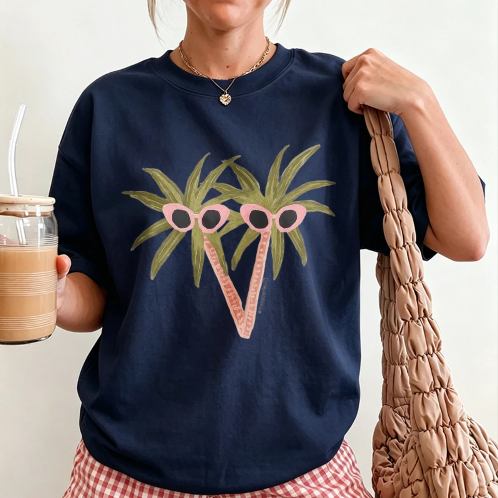 Hand Drawn Palm Tree with Pink Sunglasses Tropical Summer Vacation Print Women Cotton T Shirt Beach Holiday Vibe Fit Casual Tops