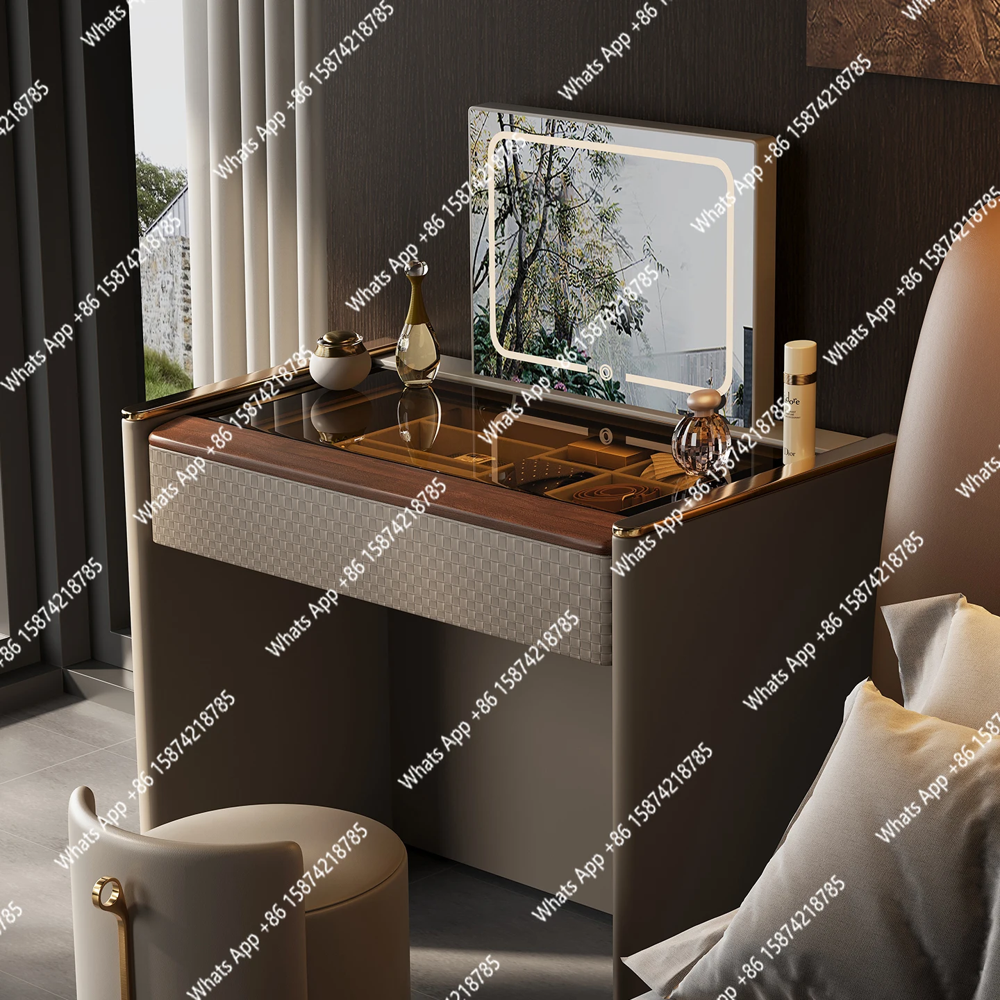 

Light luxury bedroom premium Italian minimalist smart electric lift hidden mirror storage dressing table